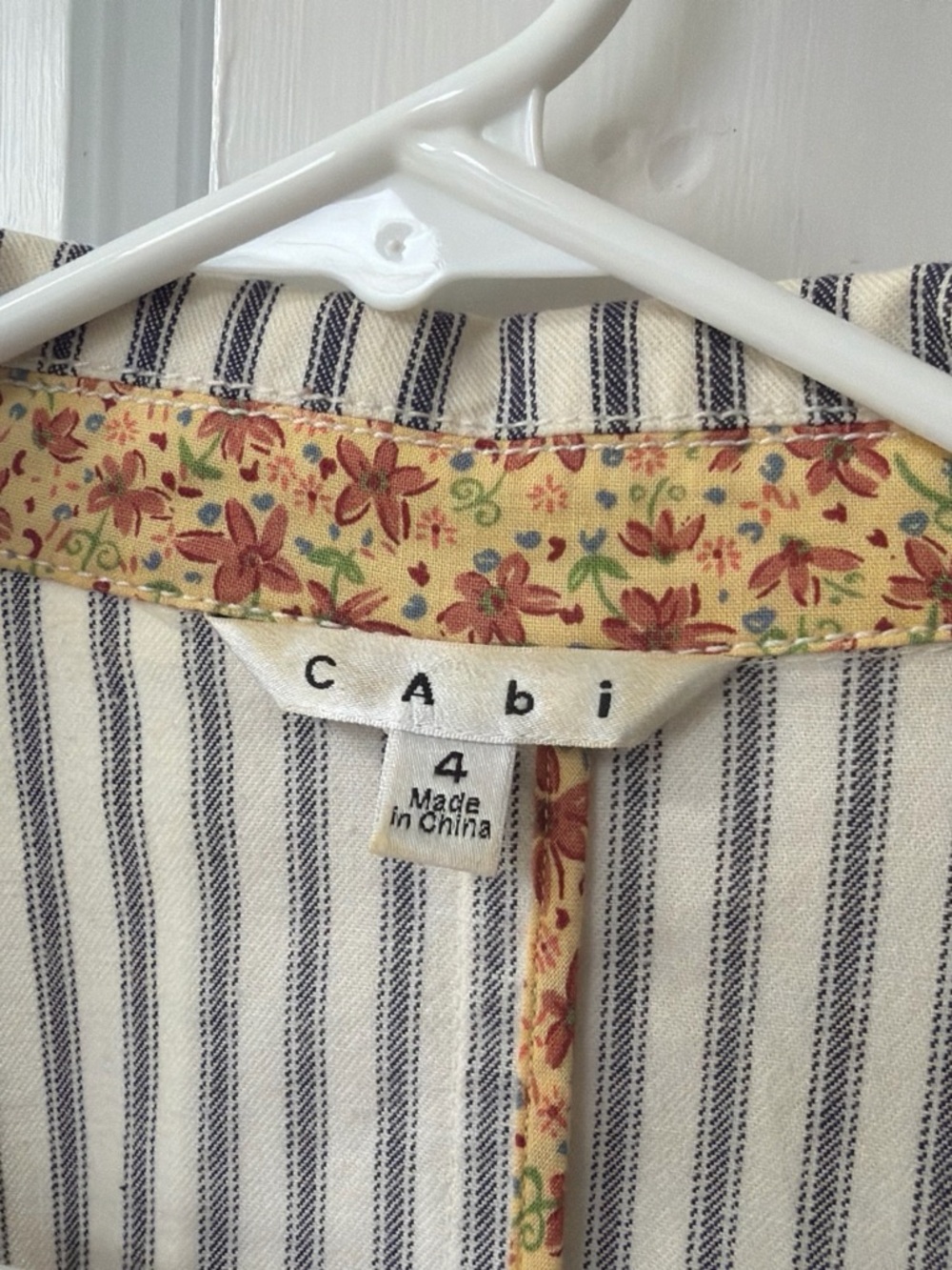 CAbi Cream Shirt with Navy Pinstripes and Yellow Floral Trim